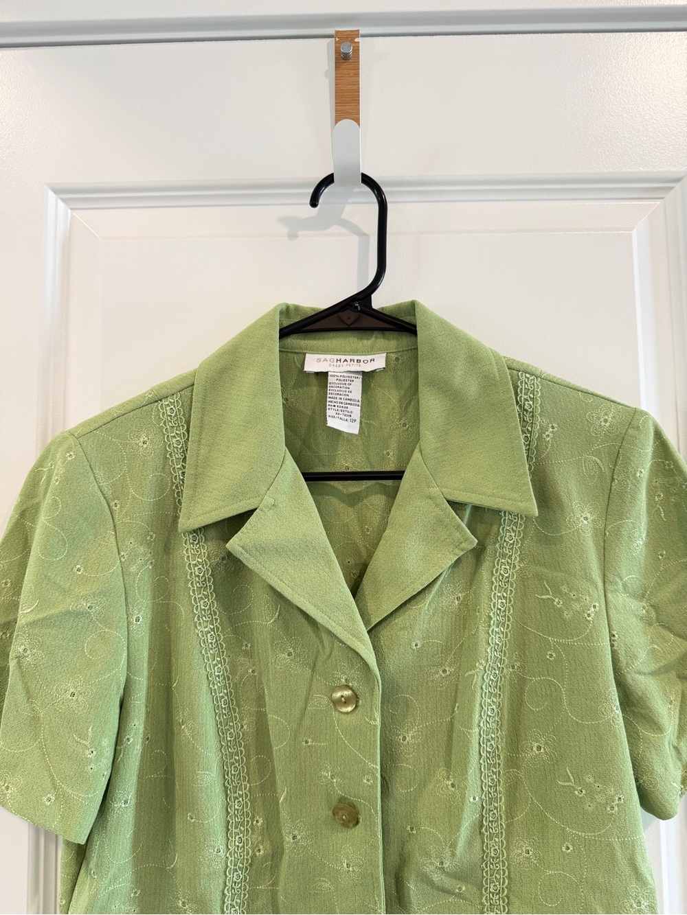 Vintage Sag Harbor Women’s Green Embroidered & Lace Shirt Half Sleeves Sz 12P